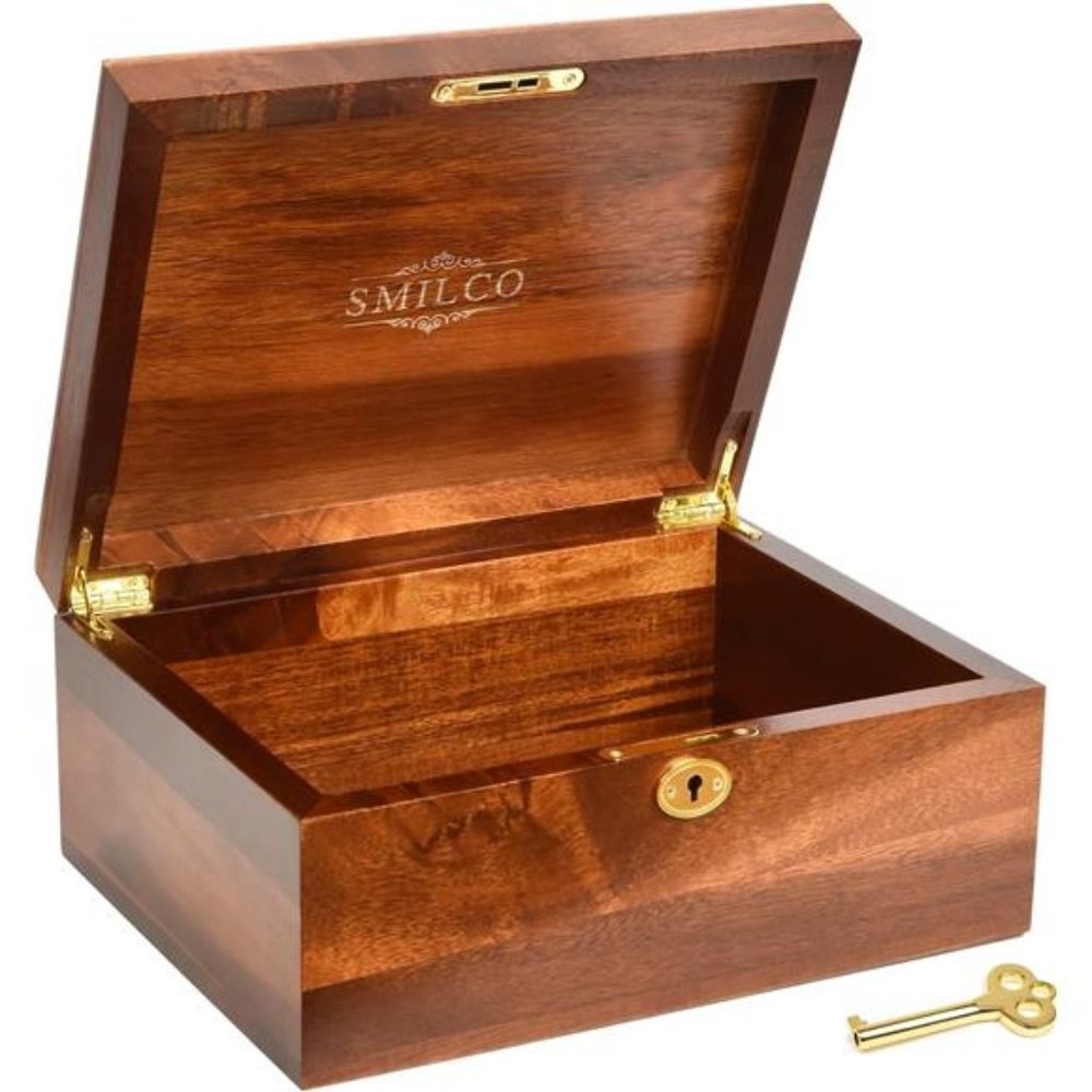 Wooden Storage Box with Hinged Lid Acacia Wood Hand-Crafted Wooden Box